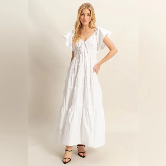 NEW HYFVE White Flutter Sleeve Tiered Cotton Maxi Dress Size Medium - Picture 5 of 7